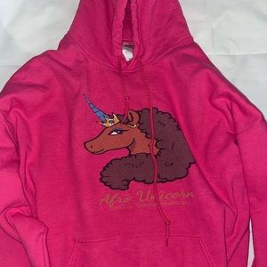 afro unicorn, hot pink hoodie
